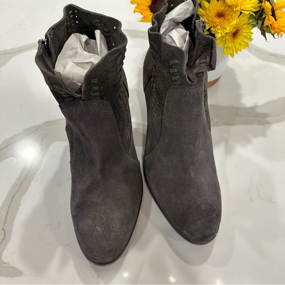 VINCE CAMUTO Grey Suede Side Zip wooden Heel Booties - Picture 2 of 7